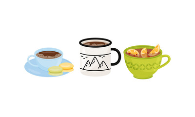Winter Hot Drinks with Hot Chocolate in Mug and Tea with Lemon Vector Set