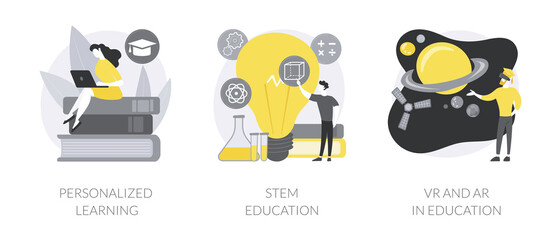 Modern learning abstract concept vector illustration set. Personalized learning, STEM education, VR and AR in education, technology class, smart children, digital device abstract metaphor.