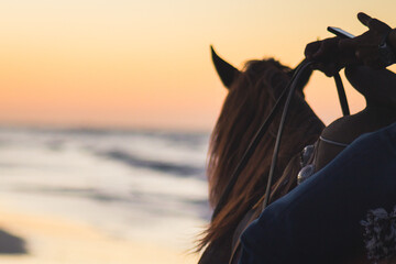 Man using his cellphone while riding his horse into the sunset. - obrazy, fototapety, plakaty