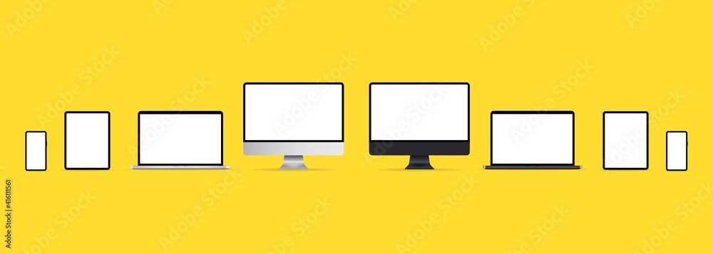 Wall mural set technology devices with empty display. realistic set of monitor, laptop, tablet, smartphone. bla