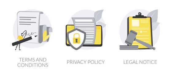 Website disclaimer abstract concept vector illustration set. Terms and conditions, privacy policy, legal notice, menu bar design, corporate rules, UI element, user experience abstract metaphor.