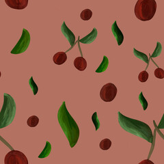 seamless pattern with gouache cherries, leaves, and branches on red background. Summer, print, packaging, wallpaper, textile, stationery design