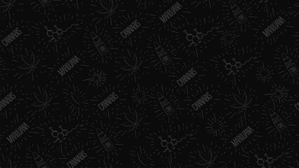 Black seamless pattern in doodle style with cannabis leafs, bottle of CBD oil, chemical formula of CBD and cannabis logos