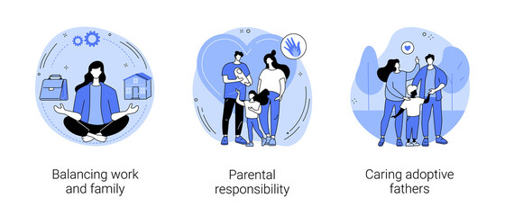 Happy family abstract concept vector illustration set. Balancing work and family, parental responsibility, caring adoptive fathers, social roles, foster care, time management abstract metaphor.