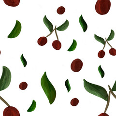 seamless pattern with gouache cherries, leaves, and branches on white background. Summer, print, packaging, wallpaper, textile, stationery design