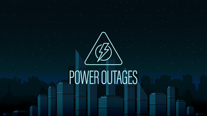 Power outage, warning triangle logo on the background of the city without electricity in digital style