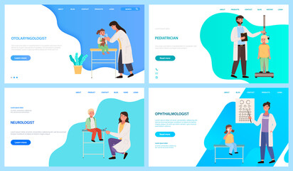 Set of illustrations on the toopic of app for communication with healthcare professionals. Website for consultation with different doctors. Program landing page template. Pediatricians treat children