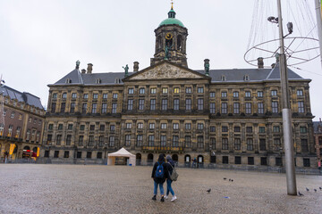 Fototapeta premium View of Royal Palace Amsterdam and Dam Square in Amsterdam, Netherlands.