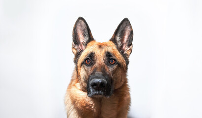 Banner with shepherd dog and plenty of space for text. Face of dog for pet shop or advertising. Portrait of black and red German Shepherd on white background.