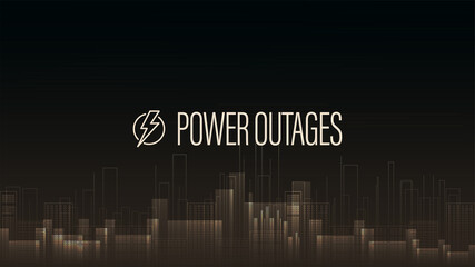 Power outage, warning poster with logo and city without electricity in digital style on background