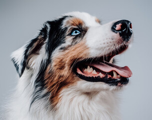 Portrait of domestic animal and human's best friend in studio. Playful trained dog in white background showing his tongue.