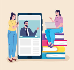 tow girls students and teacher connecting online education vector illustration design