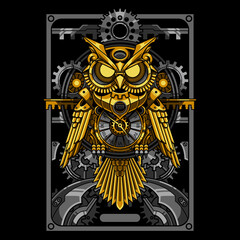 gold owl steampunk illustration and tshirt design