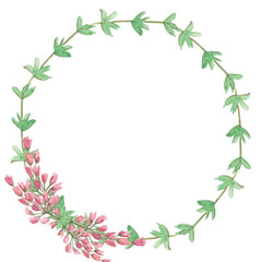 Watercolor hand painted nature floral circle frame with pink heather flowers and green branches wreath on the white background for invite and greeting card design with space for text