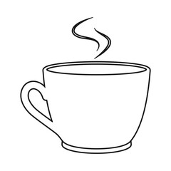 Steaming hot mug of coffee or tea cup in outline vector icon