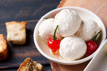 Labaneh balls. Popular middle eastern appetizer labneh or labaneh, soft white goat milk cheese - Curd balls