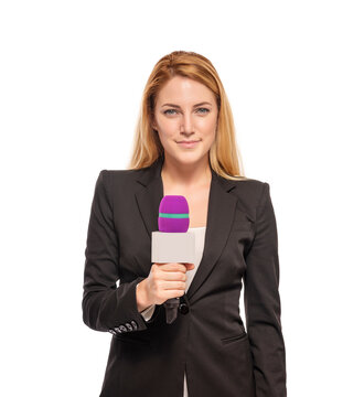 A woman reporter is holding a microphone. The TV presenter with a microphone is ready for an interview.