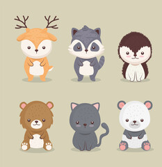 bundle of six cute animals set icons vector illustration design