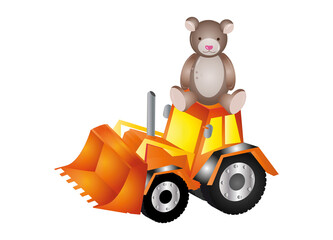 Bär als Baggerfahrer auf orangefarbenen Bagger