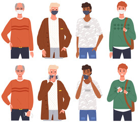 Male characters wearing medical masks. Men are taking off their protective masks and smile, vector illustration isolated on white background. Coronavirus quarantine on self-isolation during pandemic