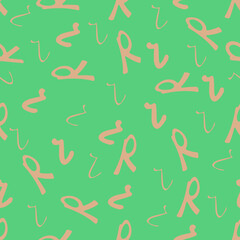 Beige seamless pattern with the letter R on a green backdrop. Minimalist style. Hand drawn Background for fabric, wallpaper, bed linen. Vector illustration.