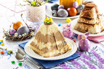 Easter cottage cheese with chocolate-cream filling and dried apricots and Easter tiramisu cottage cheese.