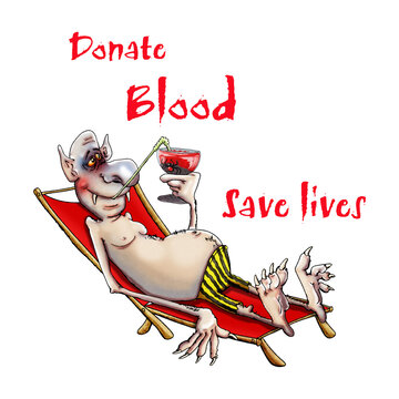 Vampire dracula with a glass of blood. Donate blood save lives. Illustration for prints.