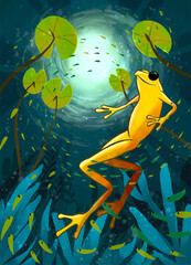 submersified frog - style poster design for editorial cover, children's stories, prints or other printed souvenirs