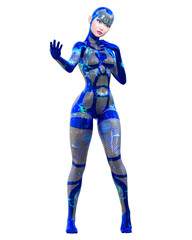 Cyborg Woman futuristic metallic neon suit.