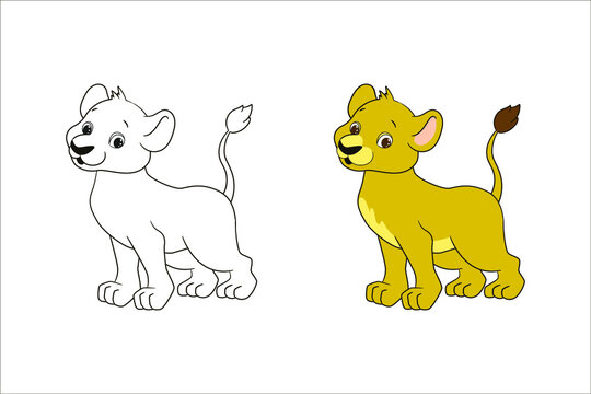 Coloring book for children, little lion. Vector illustration in cartoon style, isolated line art