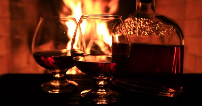 Two glasses of cognac and a bottle near the fireplace. Cozy evenings by the fireplace