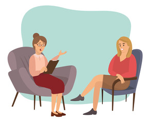 Patients at a reception at the psychotherapies. Woman talking to psychotherapist or psychologist and answer questions. Female sits in a chair and listens to the client s problems. Family psychotherapy