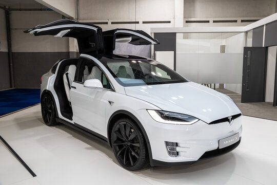 Tesla Model X electric car showcased at the Brussels Autosalon Motor Show. Belgium - January 18, 2019.