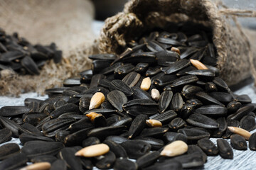 The seed. Sunflower seeds lie on a wooden table in a burlap bag.