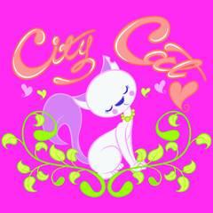 Illustration vectror cute white cat with leaves and text, background for fashion design