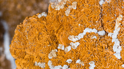 Beautiful texture detail of aragonite in orange and white color with clusters of crystals. Closeup of mineral from calcium carbonate. Collectable piece from Hridelec near Nova Paka, northeast Bohemia. - obrazy, fototapety, plakaty