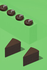 Minimal food geometry in details. 3d render  scene chocolate donuts and cake in isometry stylish green matcha room space. Restaurant, bar, candy shop, food delivery concept art.