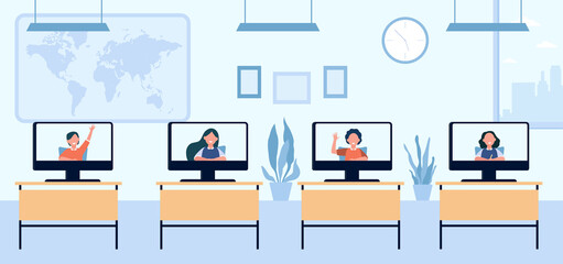 School children attending distance class. Monitors on desks in classroom, screen view. Flat vector illustration. Remote education, lockdown concept for banner, website design or landing web page