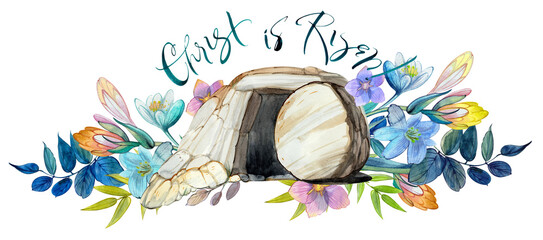 Easter watercolor illustration: the cave of Jesus Christ, a flower wreath, the inscription "Christ is risen!" Easter print, decor, Christian resurrection, Holy Sepulcher, Good Friday