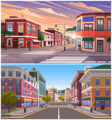 Street of town day and evening time lighting, historic urban area with trees and streetlights. Cityscape with vintage brick buildings, road with crosswalk and pedestrian walkway cartoon illustration