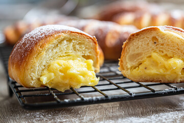 Homemade fresh yeast buns with custard filling with powdered sugar on black metal grille. Buns with vanilla cream patisier.