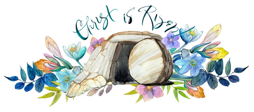 Easter watercolor illustration: the cave of Jesus Christ, a flower wreath, the inscription "Christ is risen!" Easter print, decor, Christian resurrection, Holy Sepulcher, Good Friday