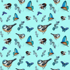 Seamless pattern of blue birds, butterflies, bumblebees and branches. Isolated Elements are drawn by hand with watercolor and ink on a light blue background. Spring background, natural  botanical