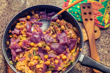 chickpeas with red cabbage and vegetables. healthy meal