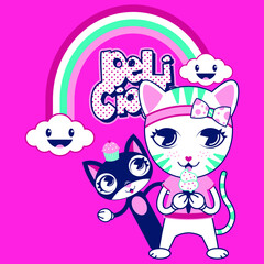 Illustration vector cute cat design with rainbow and text for grils or fashion design