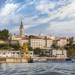 Belgrade Tourist Port with St. Michael's Cathedral Bell Tower and Old Downtown Skyline