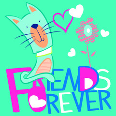 Illustration vector cute cat with text and background for fashion design