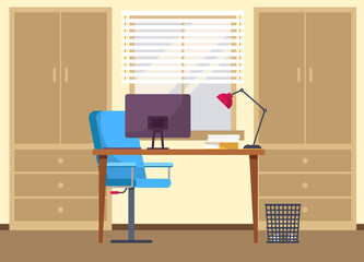 Modern workplace flat design. Office chair and office desk with stack of books in comfortable room interior. Furniture and equipment for workplace of an employee or office worker, workspace interior