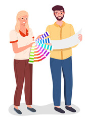 Professional man and woman designers holding and selecting palette samples. Color selection, color guide, interior design color swatch concept. Isolated on white background print house workers