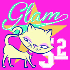 Illustration vector cute cat with text in style college and background for fashion design